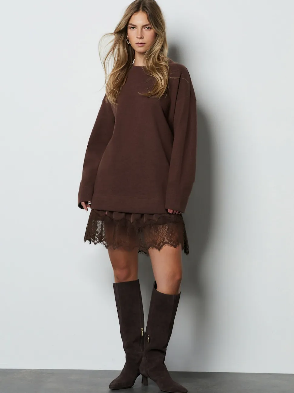 Chocolate Brown 2-In-1 Soft Touch Jumper Lace Skirt