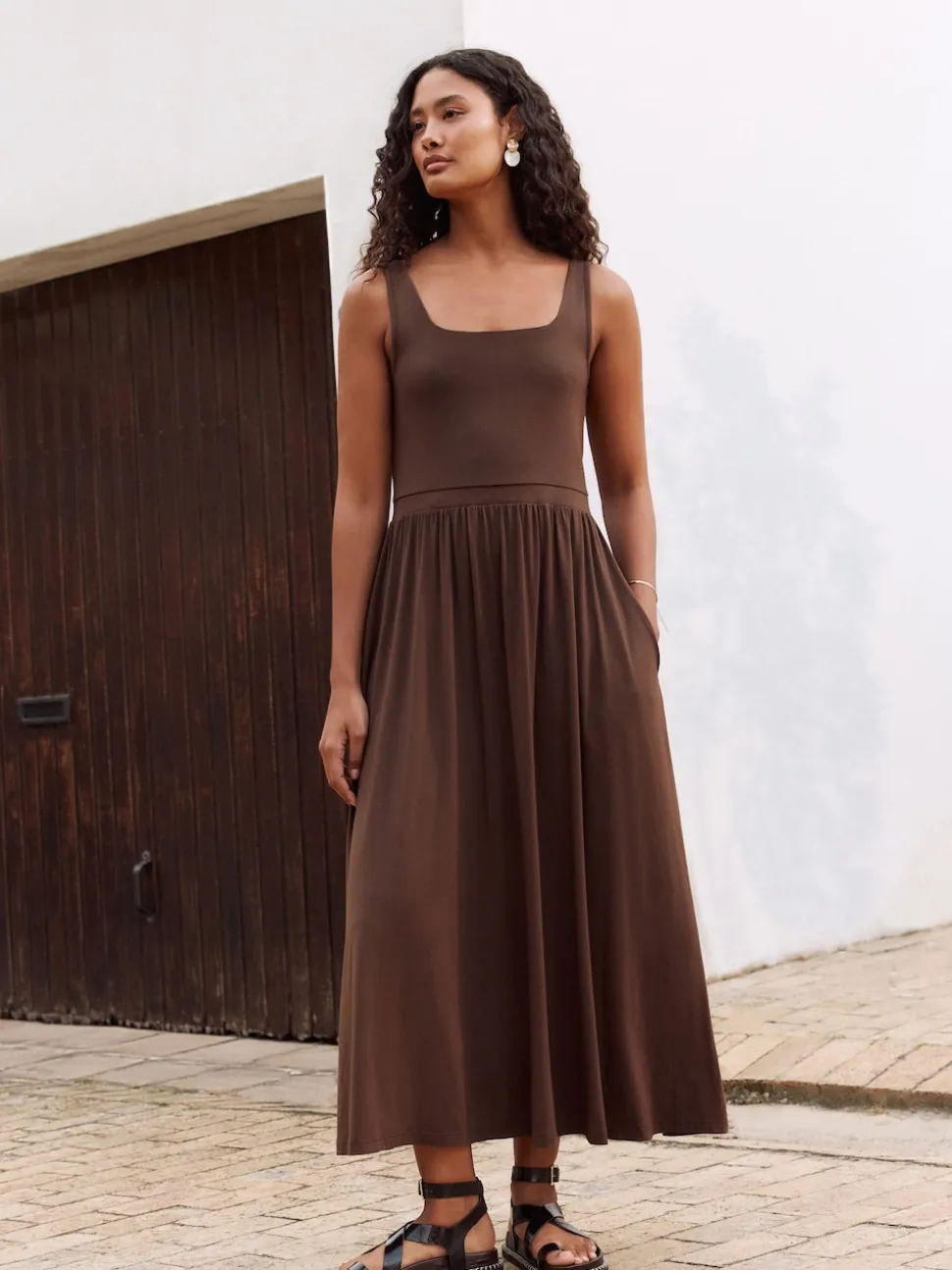 Chocolate Brown Jersey Waisted Summer Dress