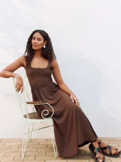 Chocolate Brown Jersey Waisted Summer Dress