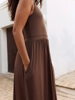 Chocolate Brown Jersey Waisted Summer Dress
