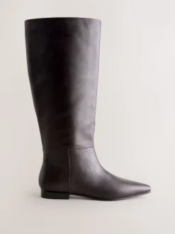 Chocolate Brown Leather Forever Comfort® Flat Chisel Toe Knee High Boots