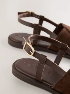 Chocolate Brown Leather Standard/Wide Fit Stitched Slingback Sandals