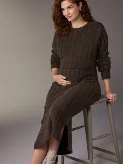 Chocolate Brown Maternity Knitted Nursing Dress
