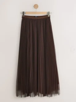 Chocolate Brown Mesh Pleated Maxi Skirt