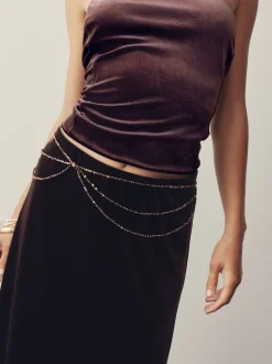 Chocolate Brown Metallic Skinny Tiered Beaded Belt