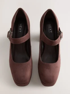 Chocolate Brown Microfibre Forever Comfort® Brogue Mary Jane Platform Block Heels