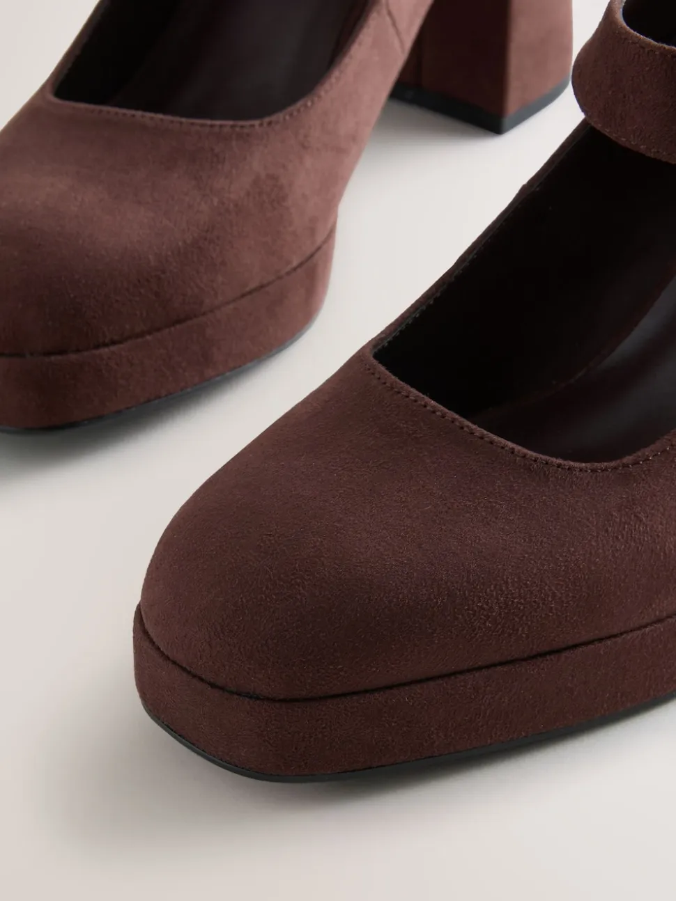 Chocolate Brown Microfibre Forever Comfort® Brogue Mary Jane Platform Block Heels