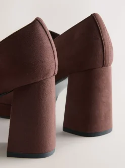 Chocolate Brown Microfibre Forever Comfort® Brogue Mary Jane Platform Block Heels