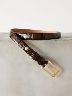 Chocolate Brown N. Premium Made In Italy Croc Effect Look Leather Belt