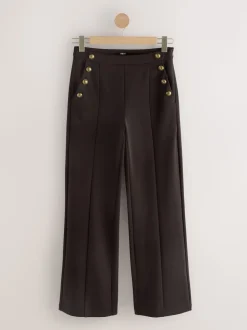 Chocolate Brown Ponte Wide Leg Trousers With Gold Button Detailing