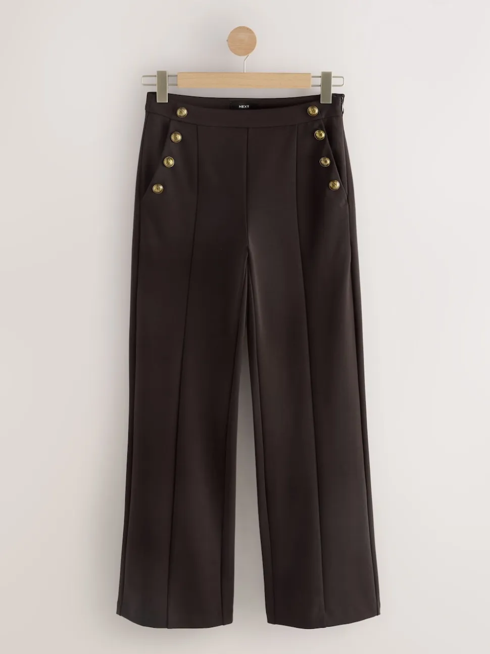 Chocolate Brown Ponte Wide Leg Trousers With Gold Button Detailing