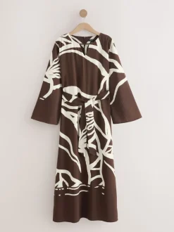 Chocolate Brown Print V-Neck 3/4 Length Sleeve Maxi Kaftan Dress