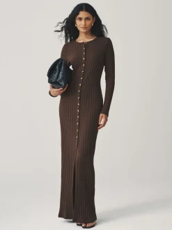 Chocolate Brown Ribbed Long Sleeve Button Down Midi Dress