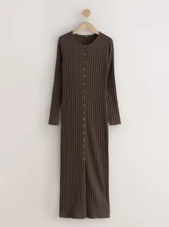 Chocolate Brown Ribbed Long Sleeve Button Down Midi Dress