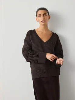 Chocolate Brown Ribbed V-Neck Knitted Jumper