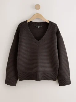 Chocolate Brown Ribbed V-Neck Knitted Jumper