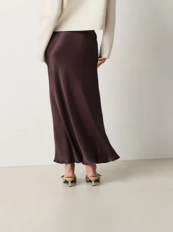 Chocolate Brown Satin Midi Skirt