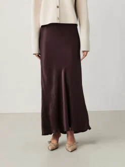 Chocolate Brown Satin Midi Skirt