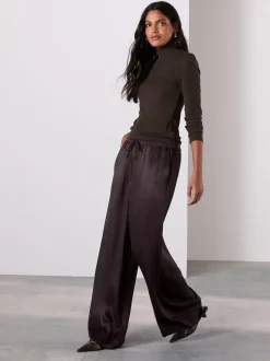Chocolate Brown Satin Tie Waist Wide Leg Trousers