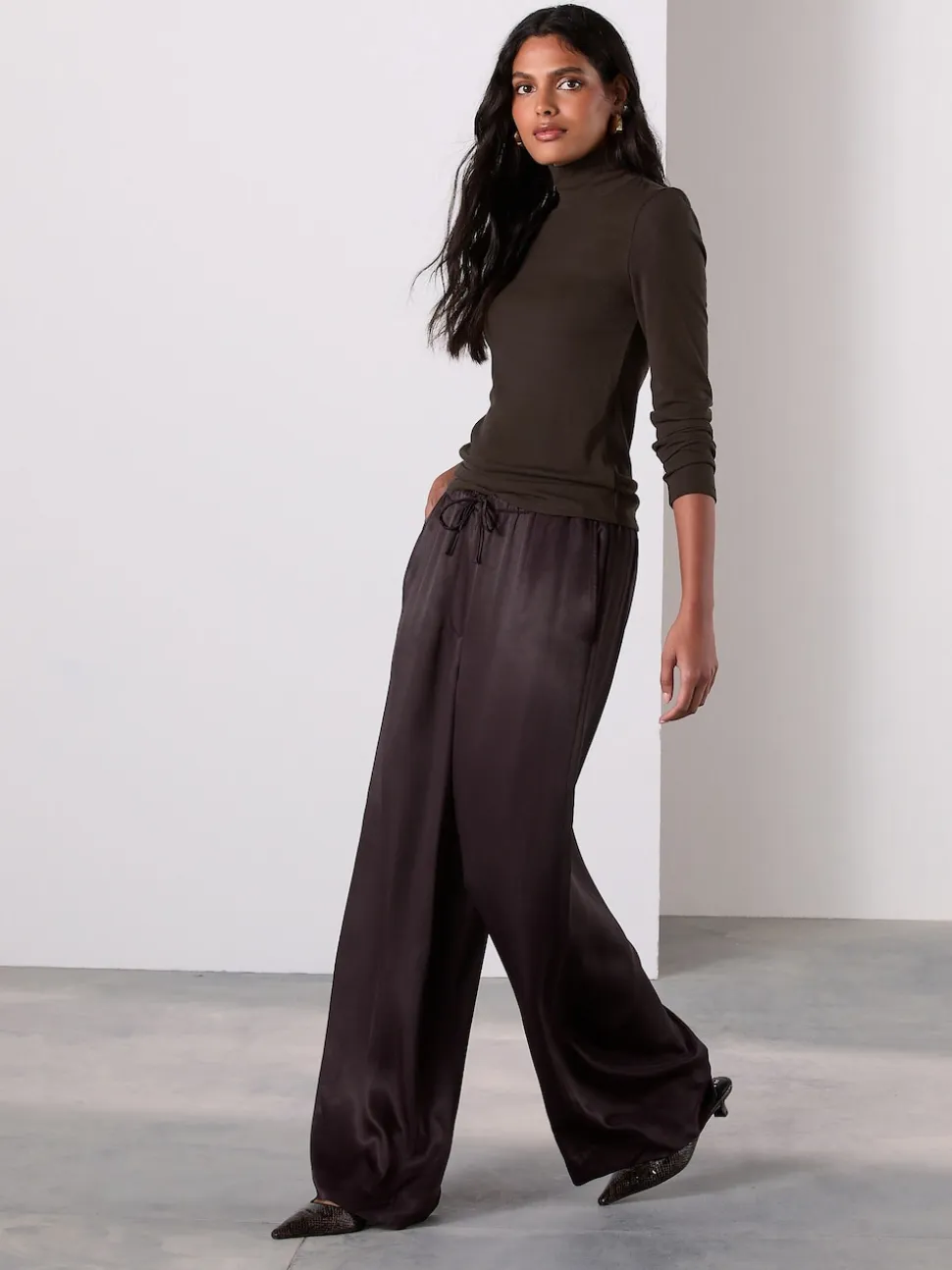 Chocolate Brown Satin Tie Waist Wide Leg Trousers
