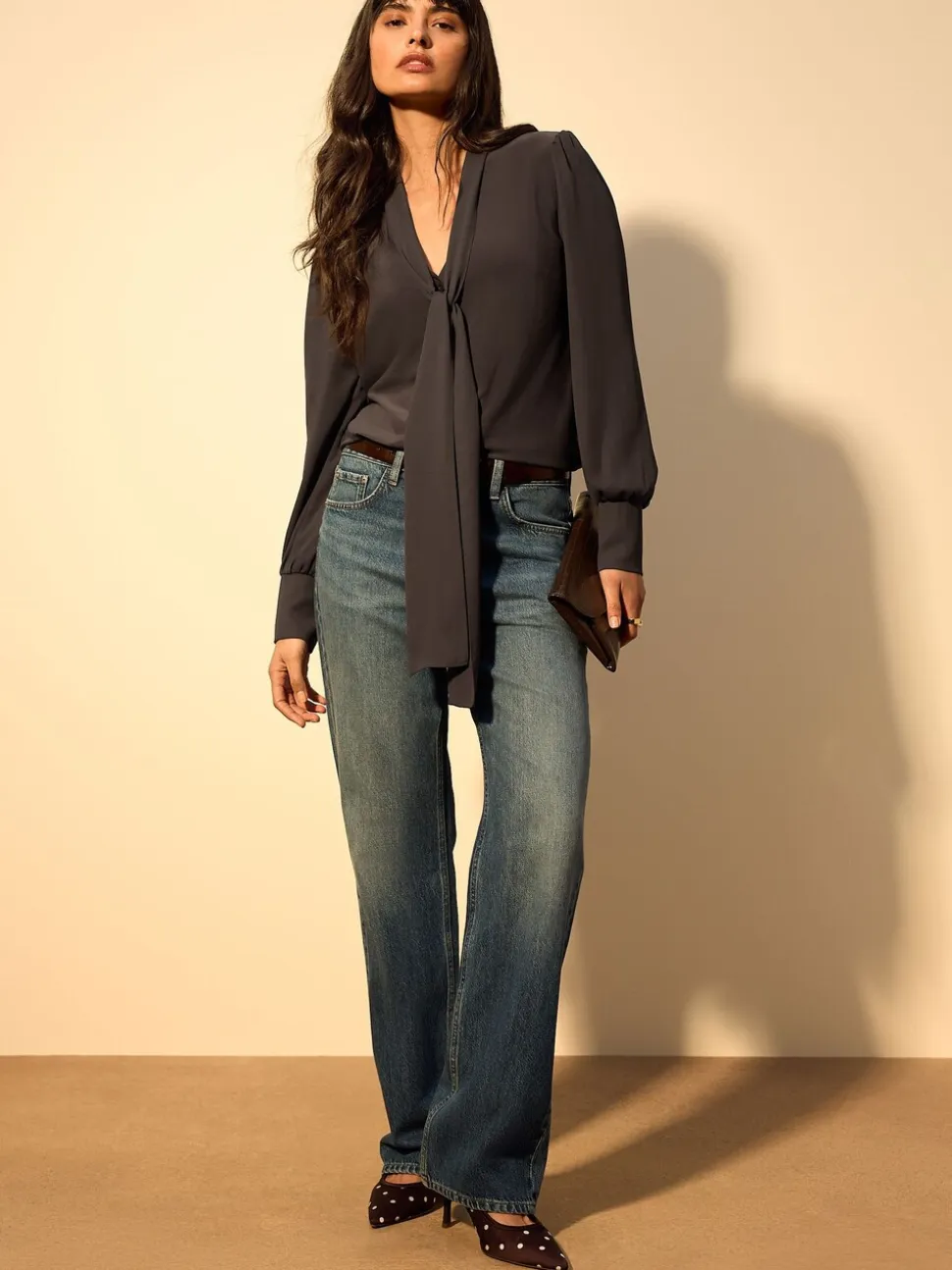 Chocolate Brown Scarf Neck Long Sleeve Blouse