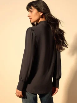 Chocolate Brown Scarf Neck Long Sleeve Blouse