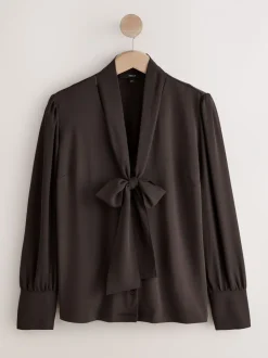 Chocolate Brown Scarf Neck Long Sleeve Blouse