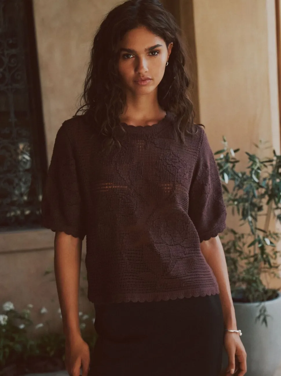 Chocolate Brown Short Sleeve Floral Crochet Crew Neck T-Shirt