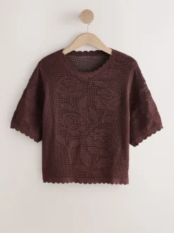 Chocolate Brown Short Sleeve Floral Crochet Crew Neck T-Shirt