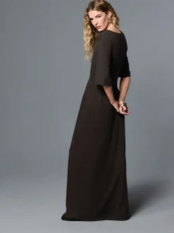 Chocolate Brown Short Sleeve Roll Edge Waisted Midi Dress with Linen