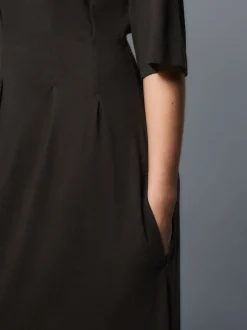 Chocolate Brown Short Sleeve Roll Edge Waisted Midi Dress with Linen