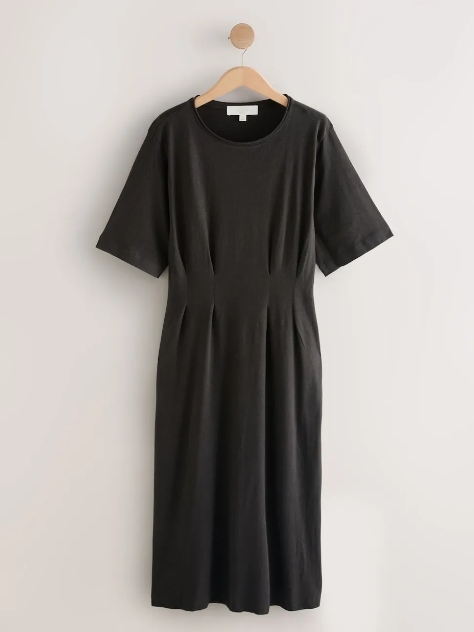 Chocolate Brown Short Sleeve Roll Edge Waisted Midi Dress with Linen