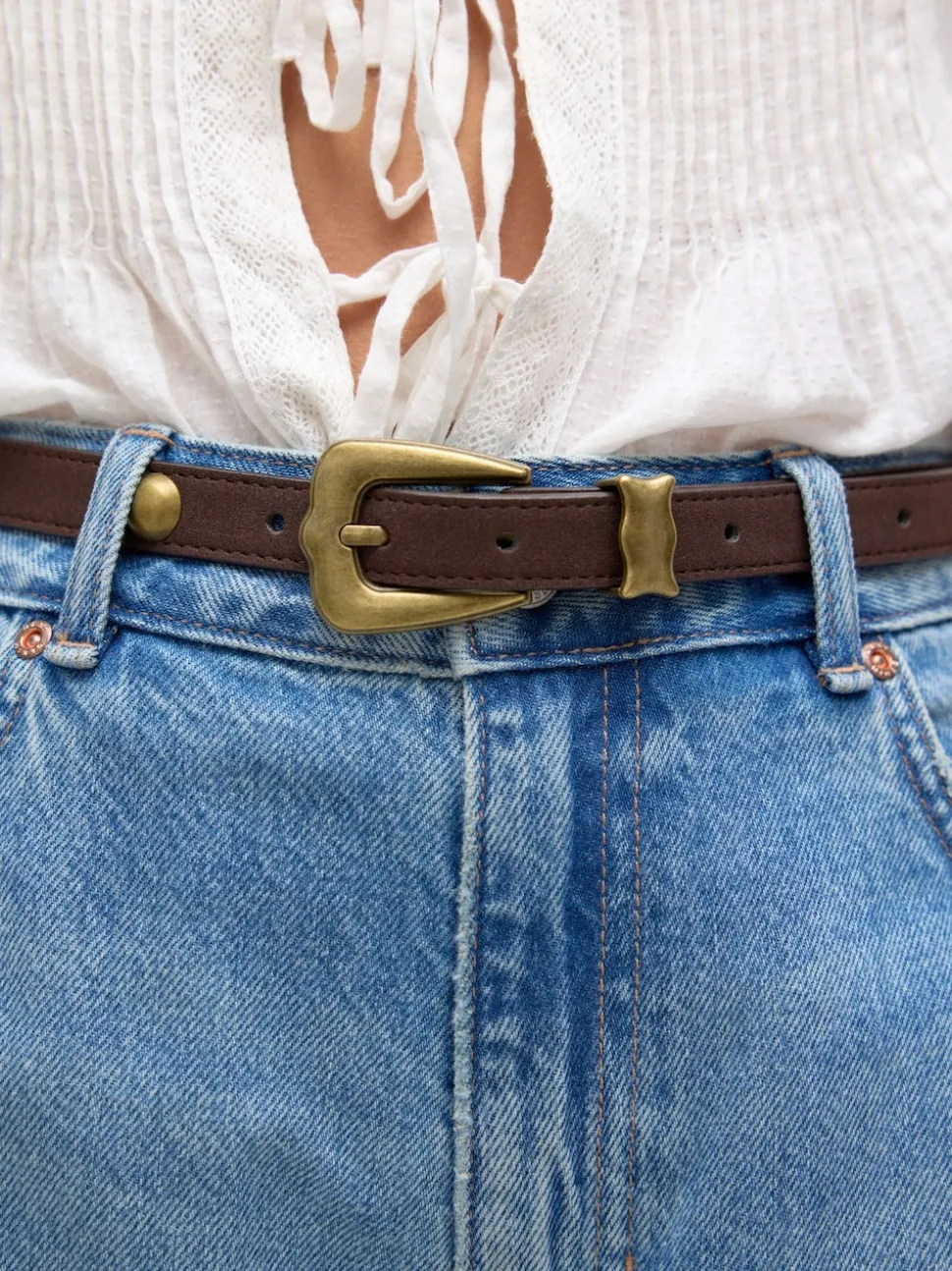 Chocolate Brown Skinny PU Domed Stud Belt