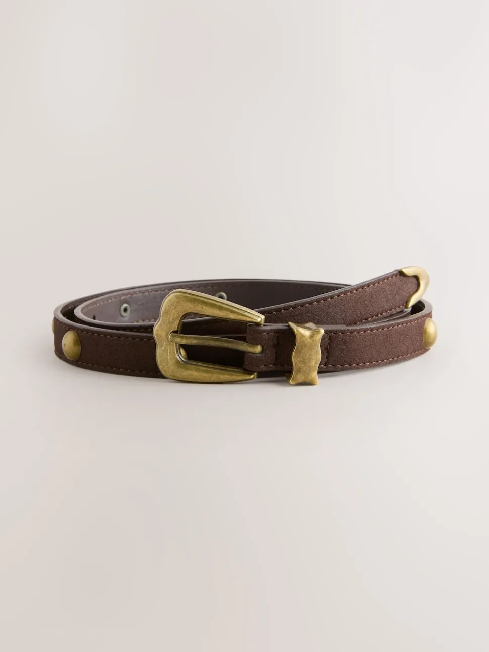Chocolate Brown Skinny PU Domed Stud Belt