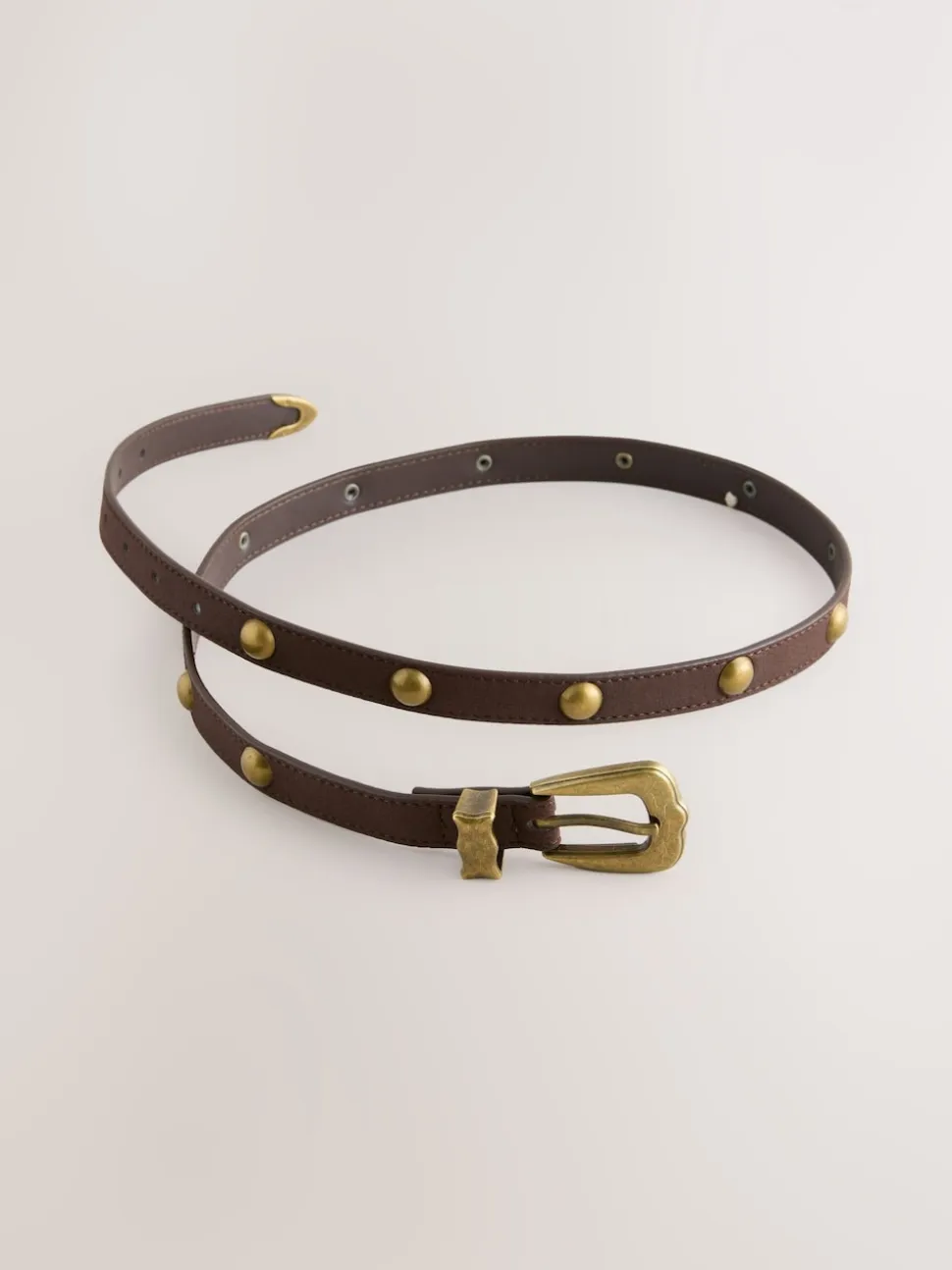Chocolate Brown Skinny PU Domed Stud Belt