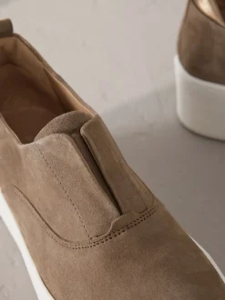 Chocolate Brown Slip On Signature Leather Chunky Wedge Platform Trainers