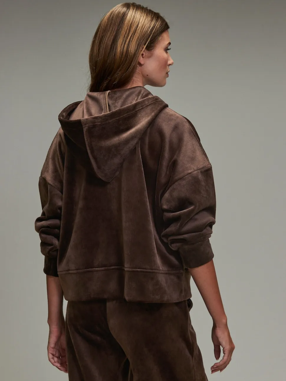 Chocolate Brown Soft Feel Cord Long Sleeve Hoodie