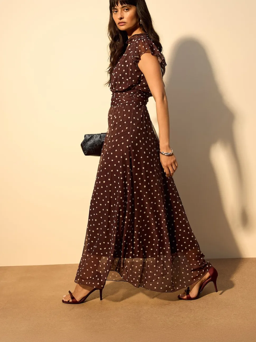 Chocolate Brown Spot Pleated Mesh Print V-Neck Occasion Maxi Dress