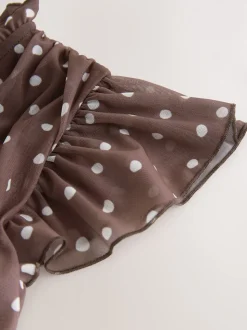 Chocolate Brown Spot Pleated Mesh Print V-Neck Occasion Maxi Dress
