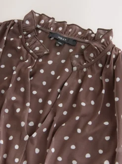 Chocolate Brown Spot Pleated Mesh Print V-Neck Occasion Maxi Dress