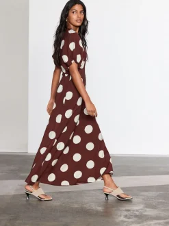 Chocolate Brown Spot Print Puff Sleeve Midi Dress