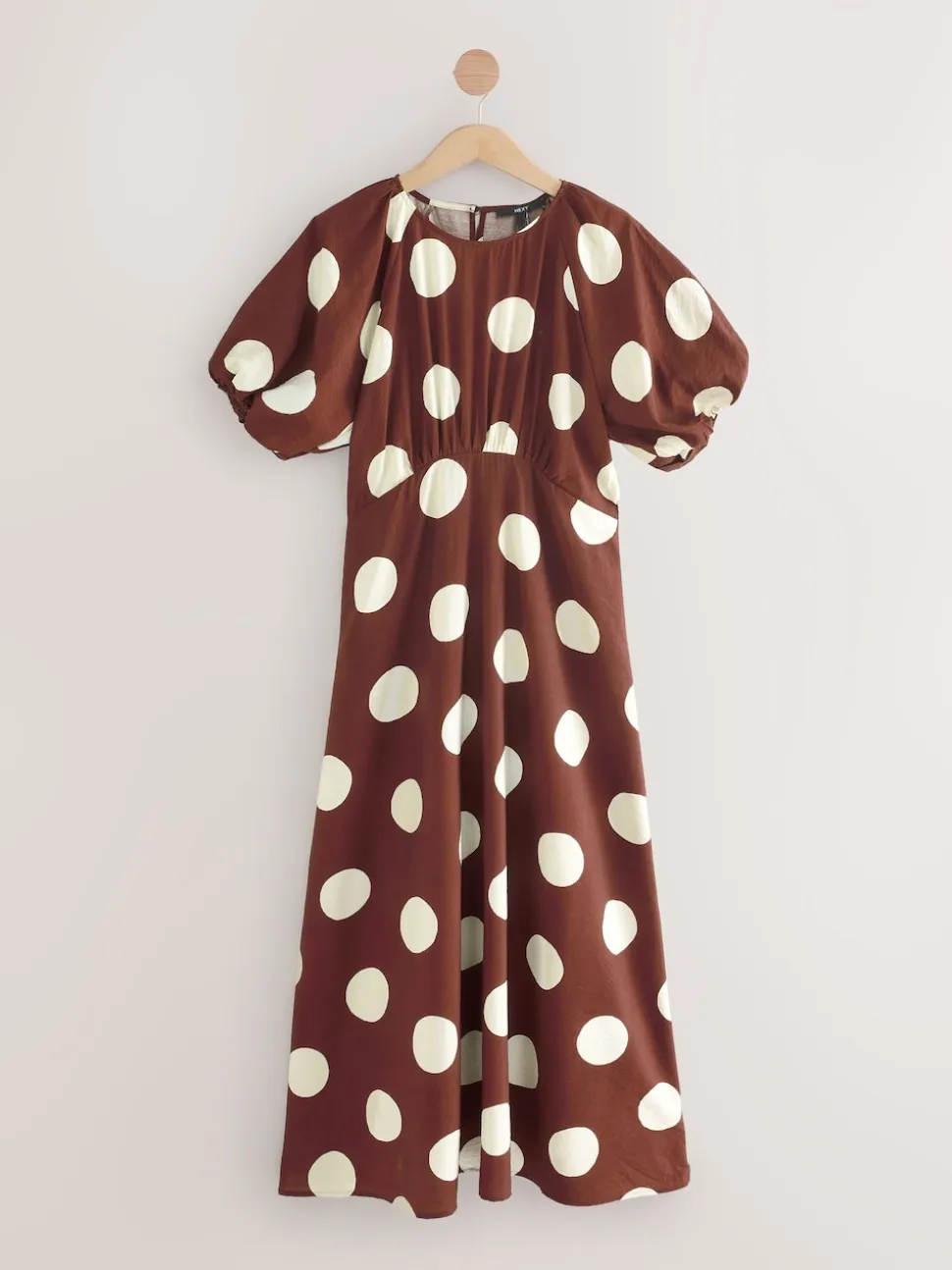 Chocolate Brown Spot Print Puff Sleeve Midi Dress