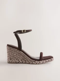 Chocolate Brown Square Toe Espadrille Wedge Heels