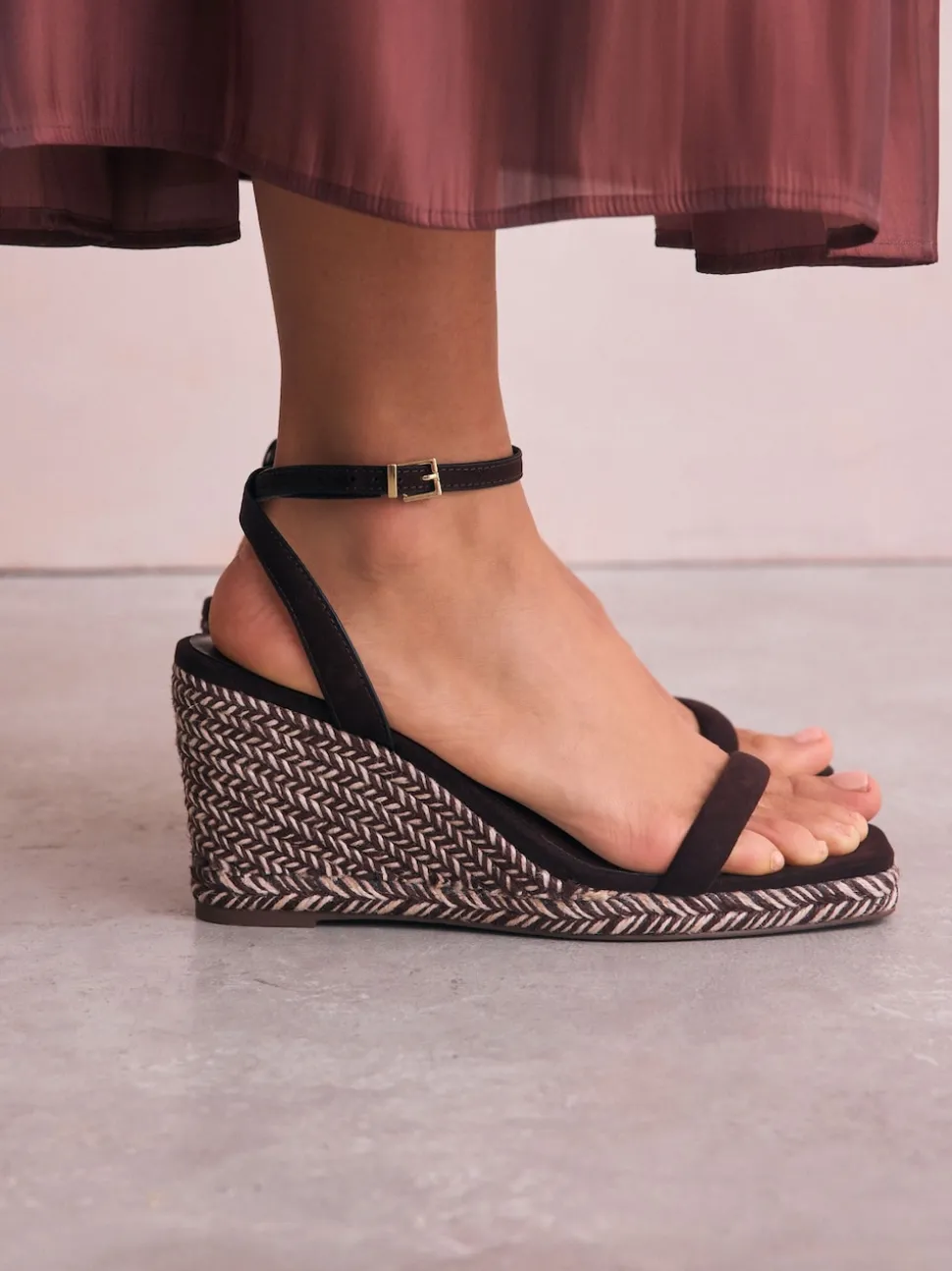 Chocolate Brown Square Toe Espadrille Wedge Heels