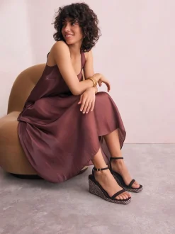 Chocolate Brown Square Toe Espadrille Wedge Heels