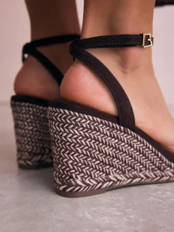 Chocolate Brown Square Toe Espadrille Wedge Heels