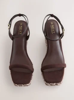 Chocolate Brown Square Toe Espadrille Wedge Heels