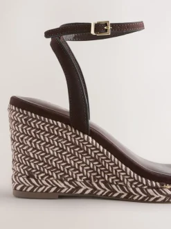 Chocolate Brown Square Toe Espadrille Wedge Heels