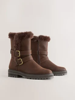 Chocolate Brown Standard/Wide Fit Forever Comfort® Double Buckle Faux Fur Lined Ankle Boots