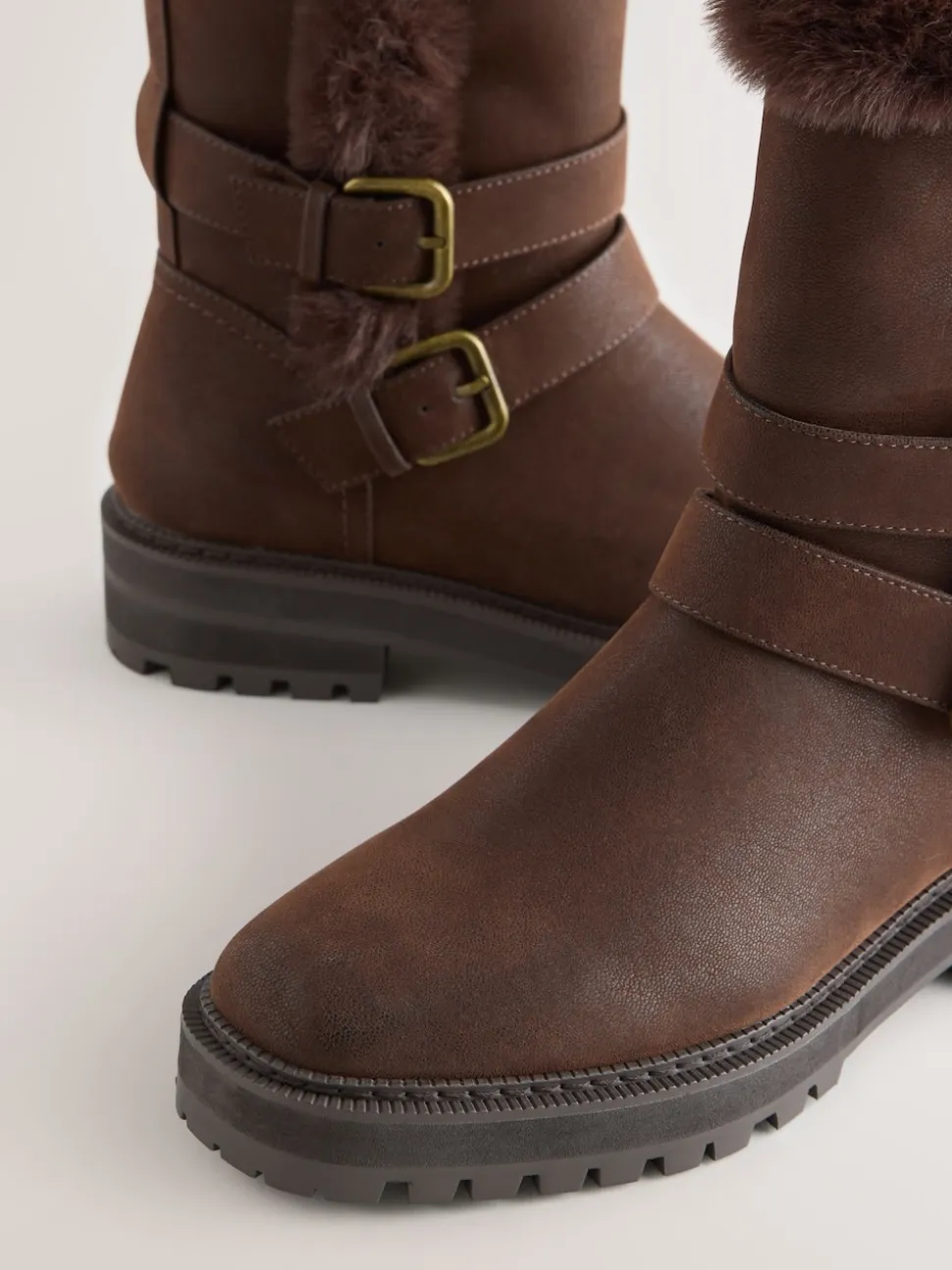 Chocolate Brown Standard/Wide Fit Forever Comfort® Double Buckle Faux Fur Lined Ankle Boots